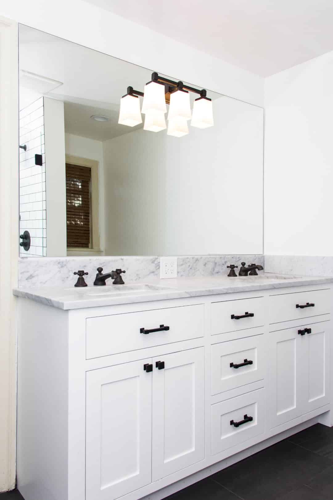 custom white marble bathroom vanity with mirror