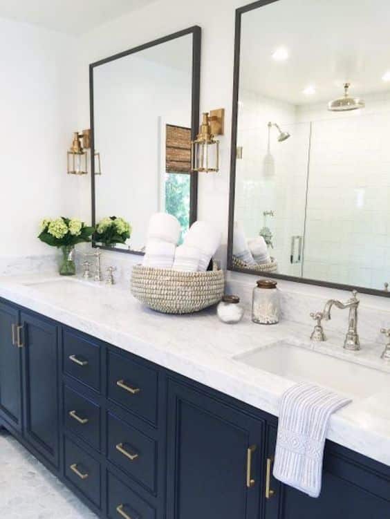 Blue cabinets with white quartz countertop