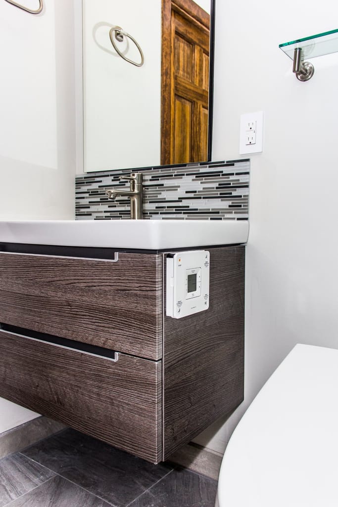 Floated wood panel vanity