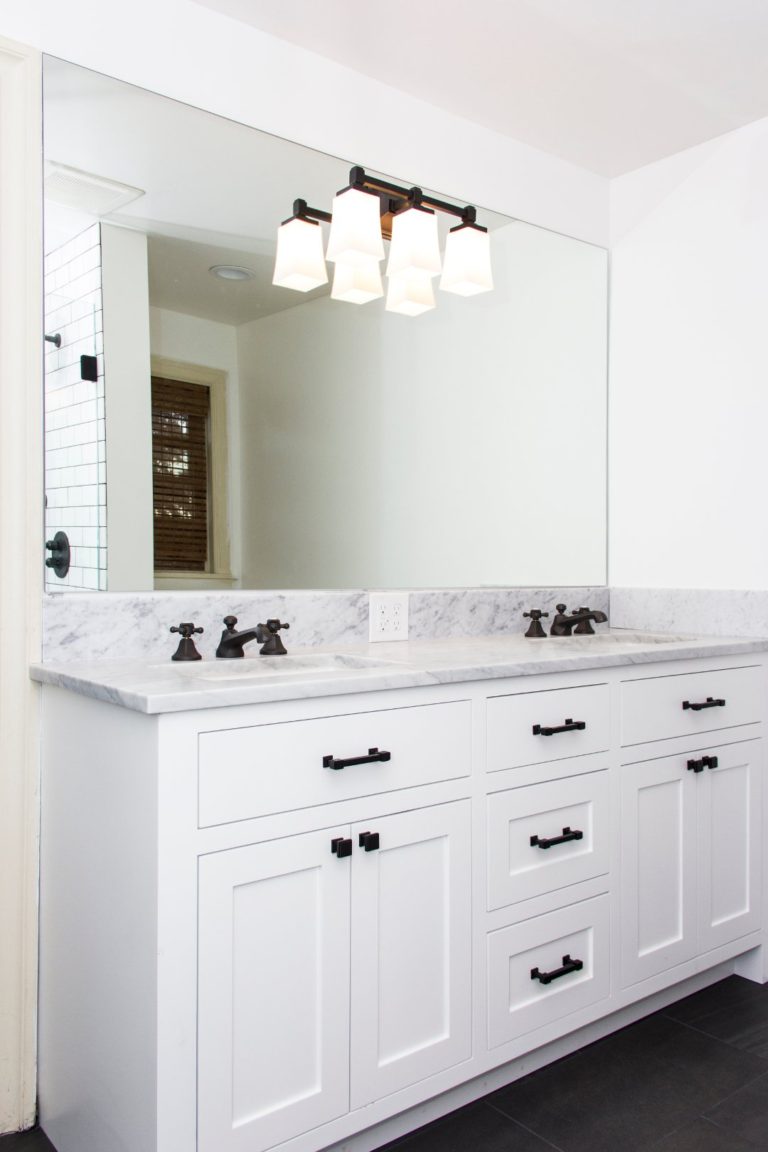 custom white bathroom vanity with mirror